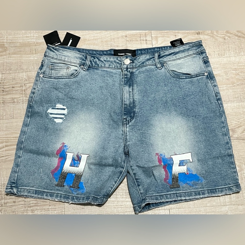 Homme + Femme Men's Hand Painted Logo Distressed Denim Jean Shorts‎ blue size 40